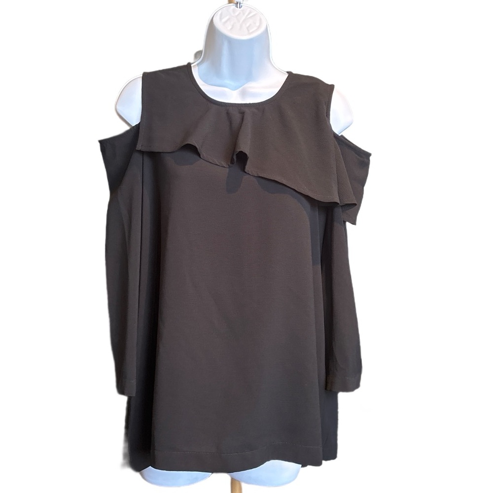 IMAN Black Ruffle Cold Shoulder Blouse